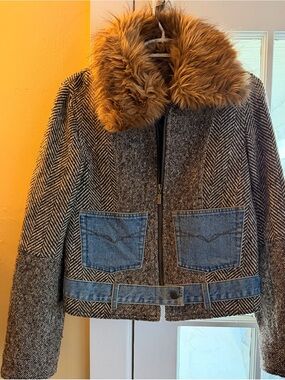 Guess Herringbone Bomber Jacket with Faux Fur Collar - Brown/Blue